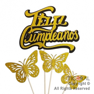 CAKE TOPPER MARIPOSA FELIZ CUMPLEAOS ORO Y NEGRO GIBRE CON PINCHE X 1